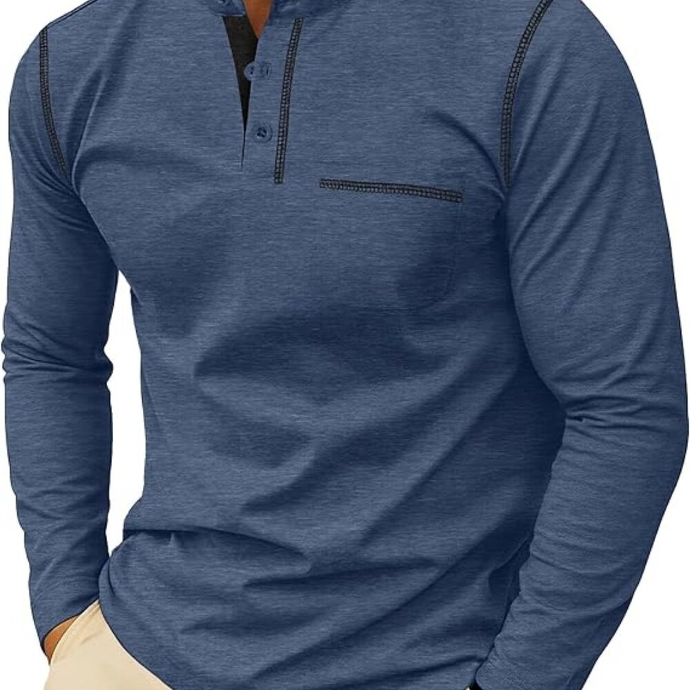 Men's Henley Shirts Long Sleeve Button T-Shirt Casual Stylish Cotton Pullover